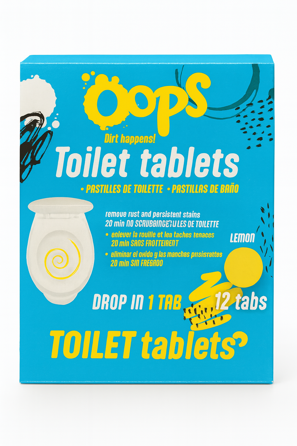 Oops toaletné tablety – 12 kusov – Citrónová vôňa – Proti hrdzi a odolným škvrnám
