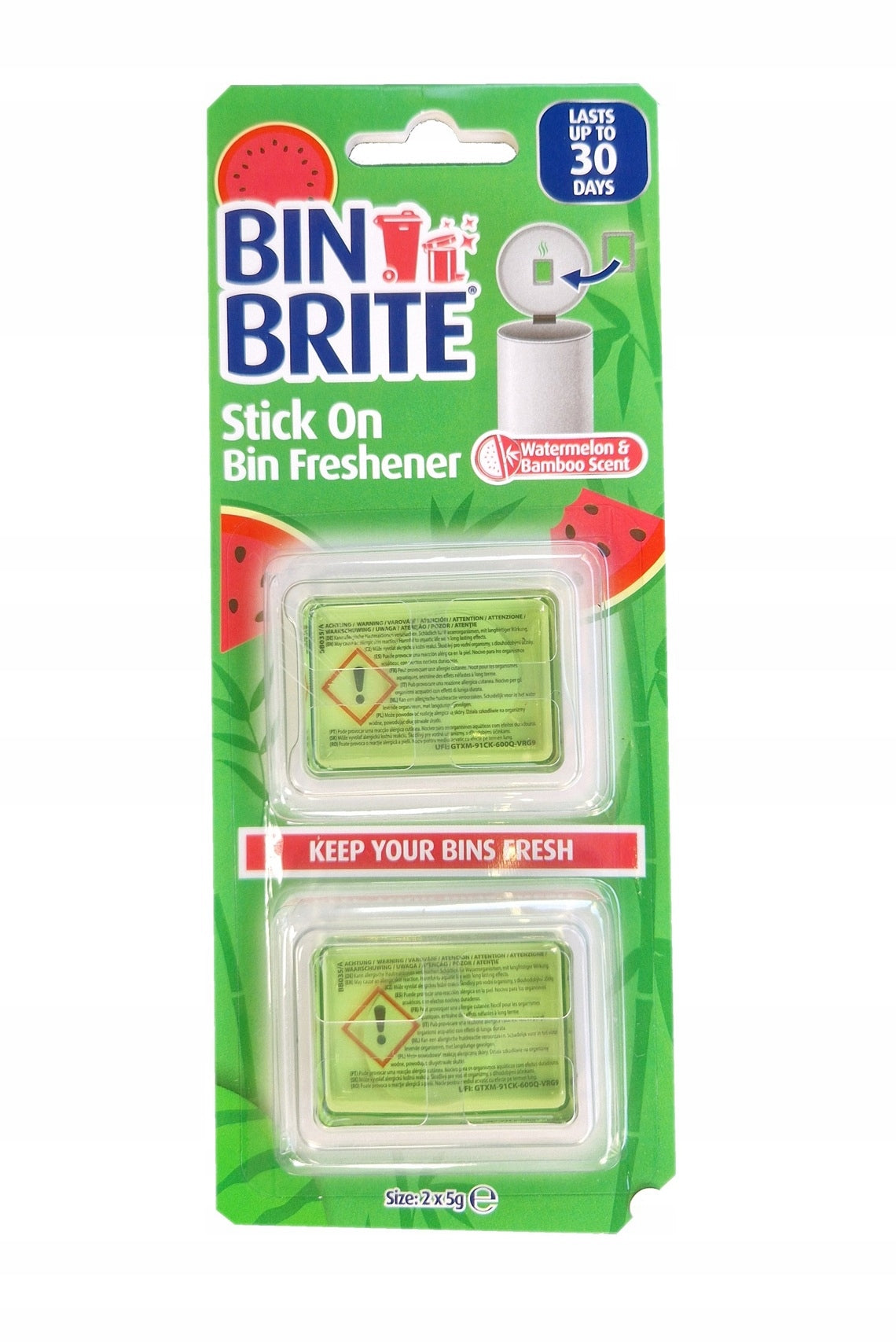 Bin Brite Stick-On Bin Freshener – Watermelon & Bamboo | Keep your trash can fresh up to 30 days | Scent refresher for trash bins